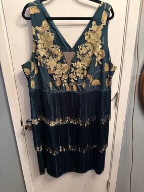 SHEIN Curve 4XL Flapper Dress Green Gold Embroidered Fringe Gatsby 1920s